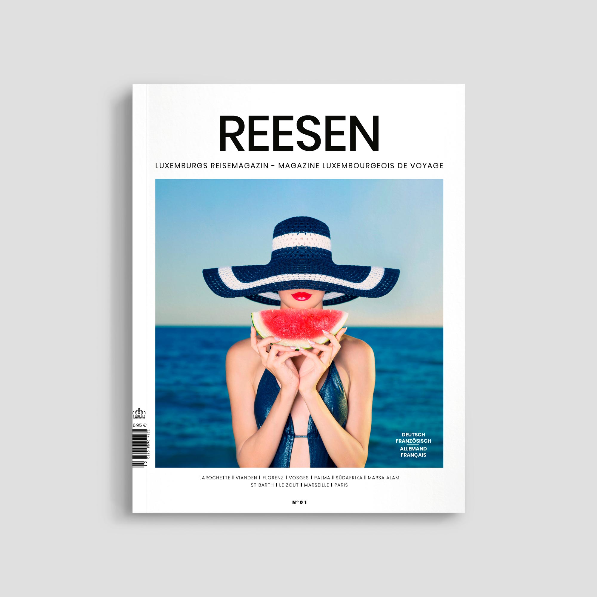 Magazine cover with woman holding watermelon slice.