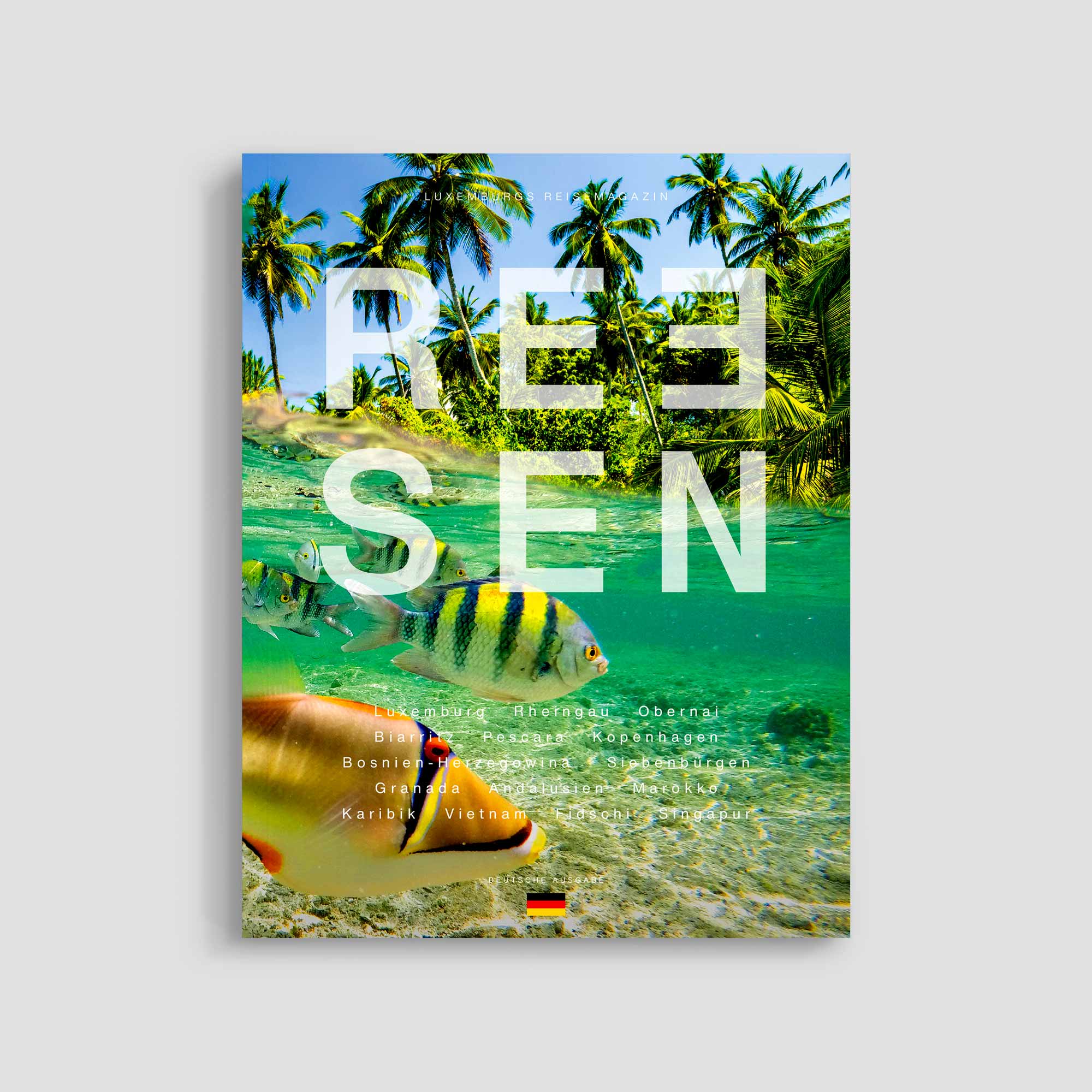 Tropical underwater scene with colorful fish and palm trees.