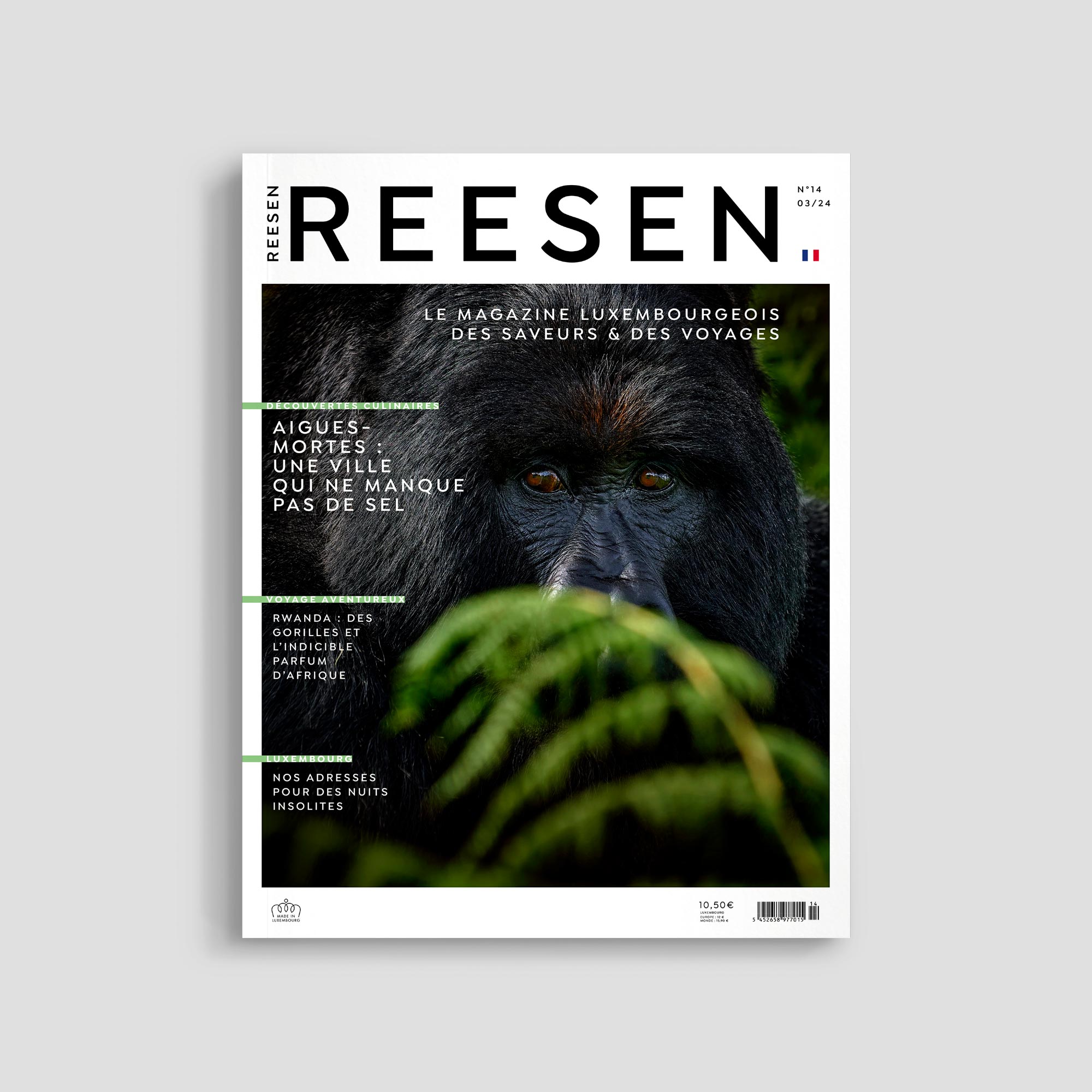 Magazine cover with gorilla and travel articles