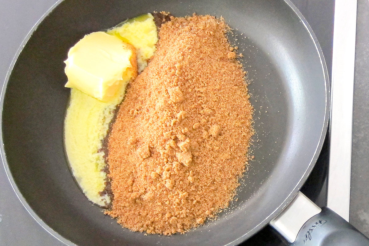 Butter and brown sugar in frying pan